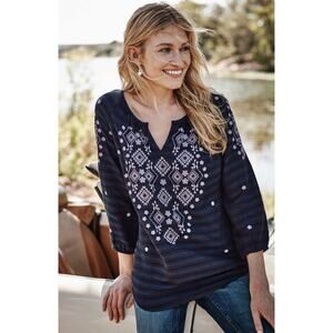 J. Jill Navy Blue Embroidered Striped Top - Size XL